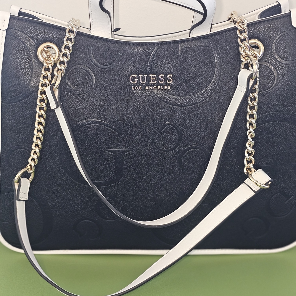 GUESS Black and White Tote with Gold Accents